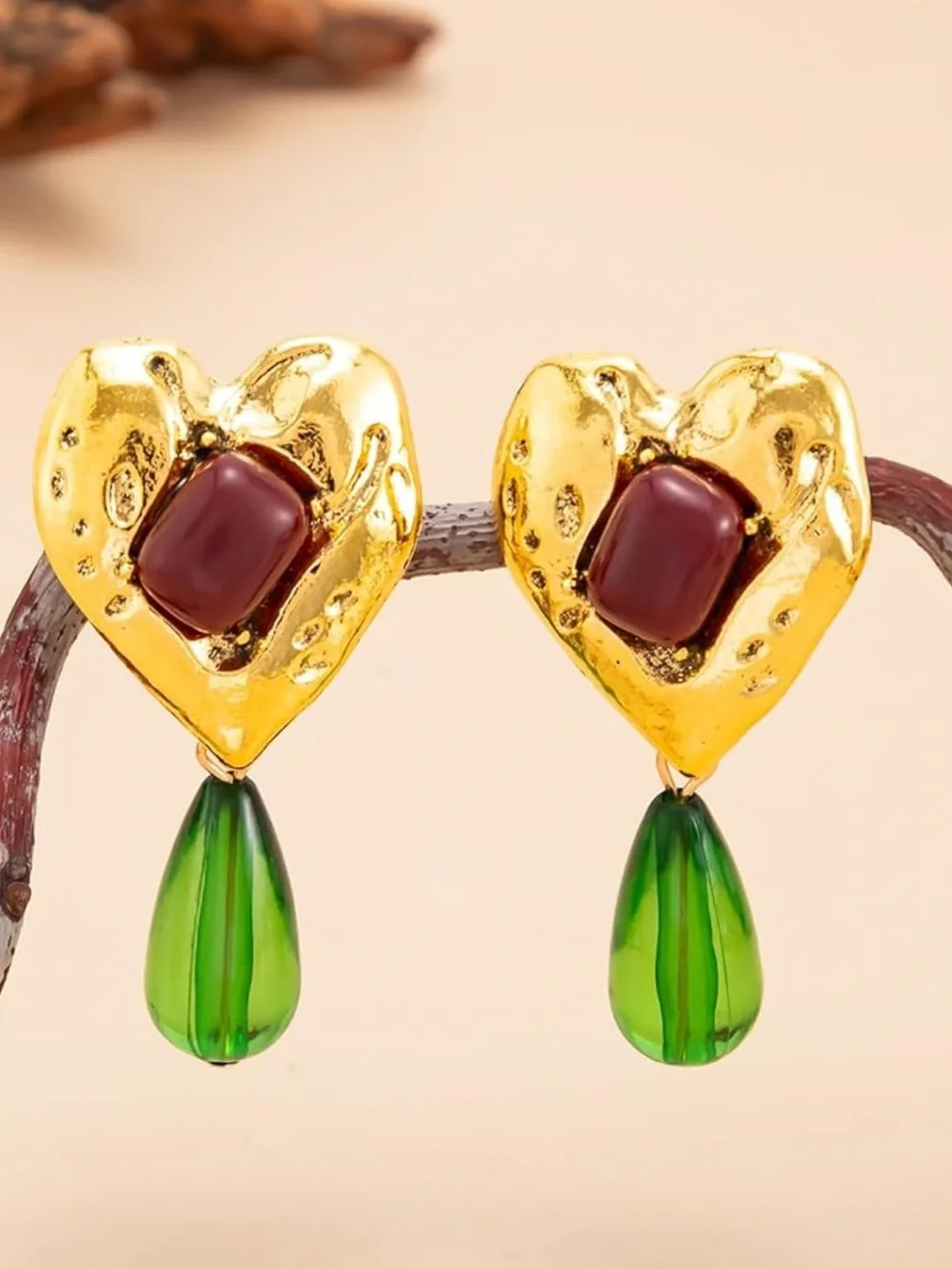 Anthropologie Gold Heart Earrings with Burgundy Stone and Green Teardrop